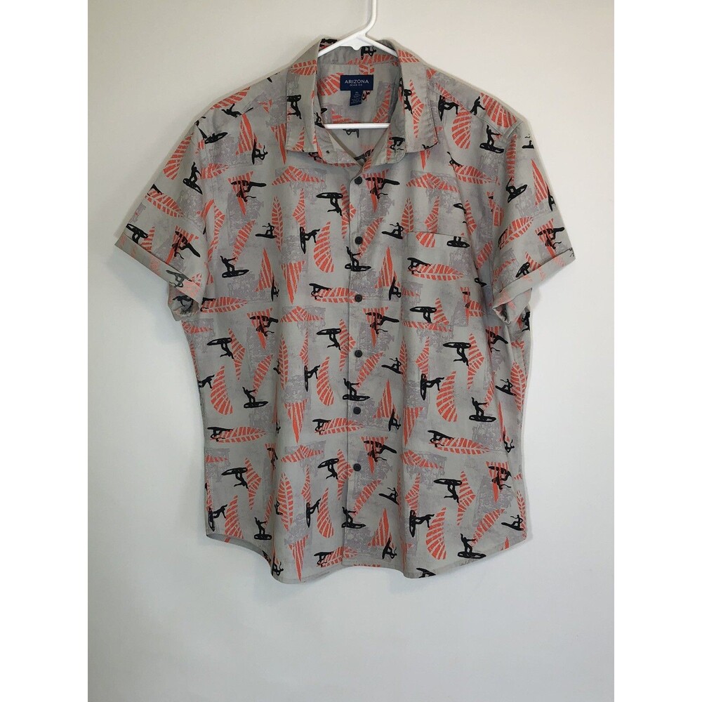 Mens Arizona Flex Woven Gray Surfer Short Sleeve Button Up Shirt XL EUC